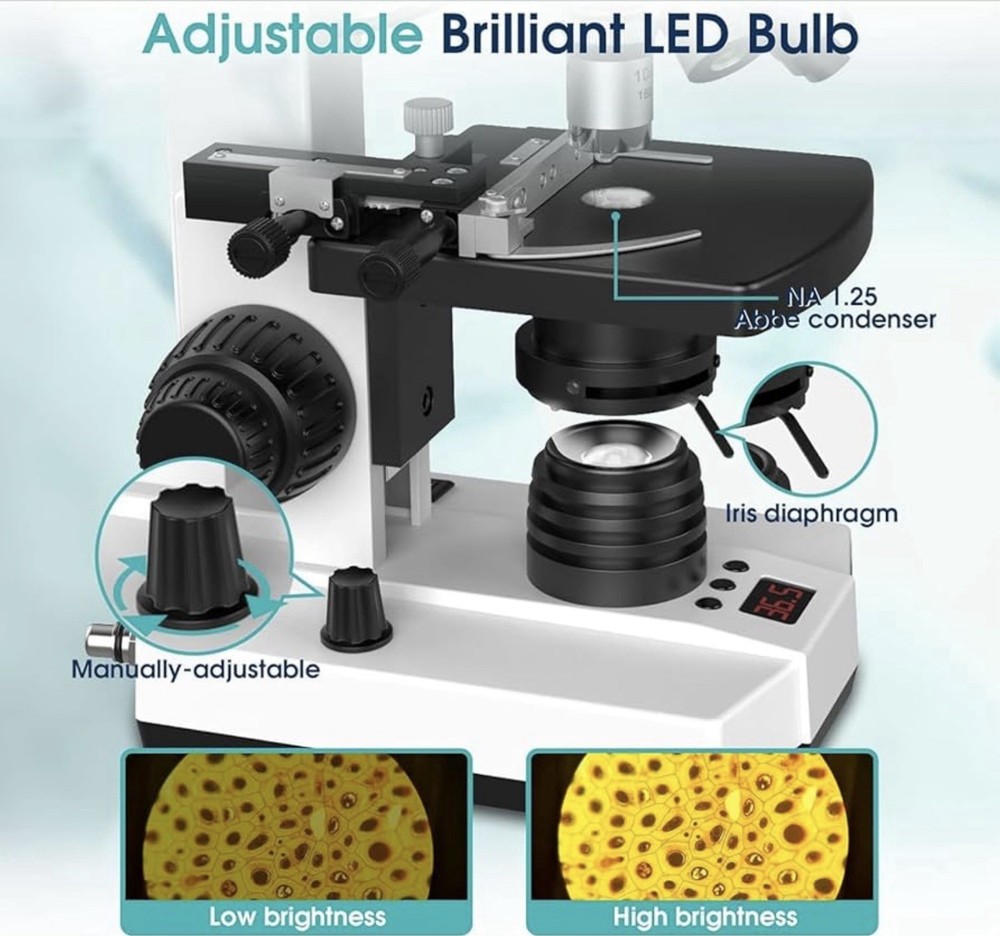 Microscope for Adults with 40X-2500X Magnification, Lab Trinocular Compound