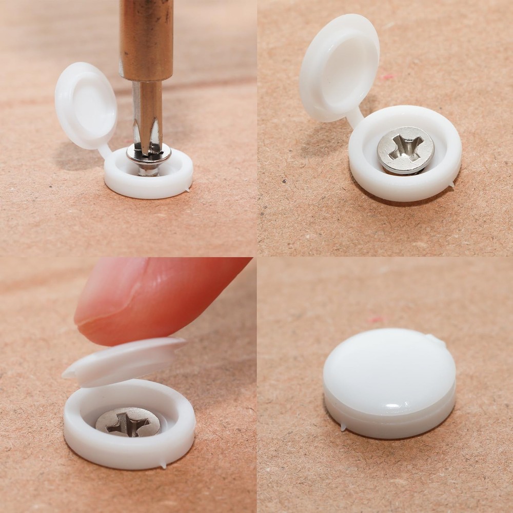 100 White Plastic Hinged Screw Caps Fold Screw Snap Covers Flip Tops Large