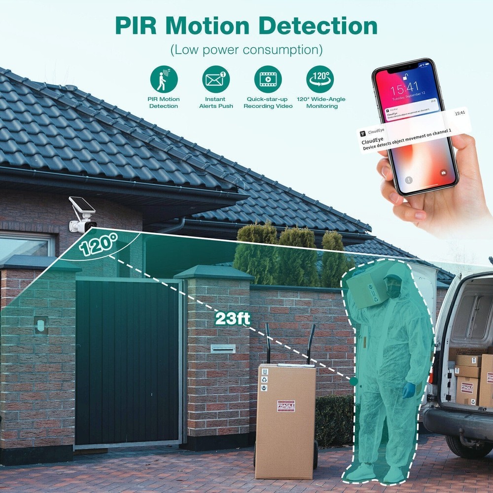 Wireless Security Camera System Outdoor Solar Battery Powered WiFi Motion Detect