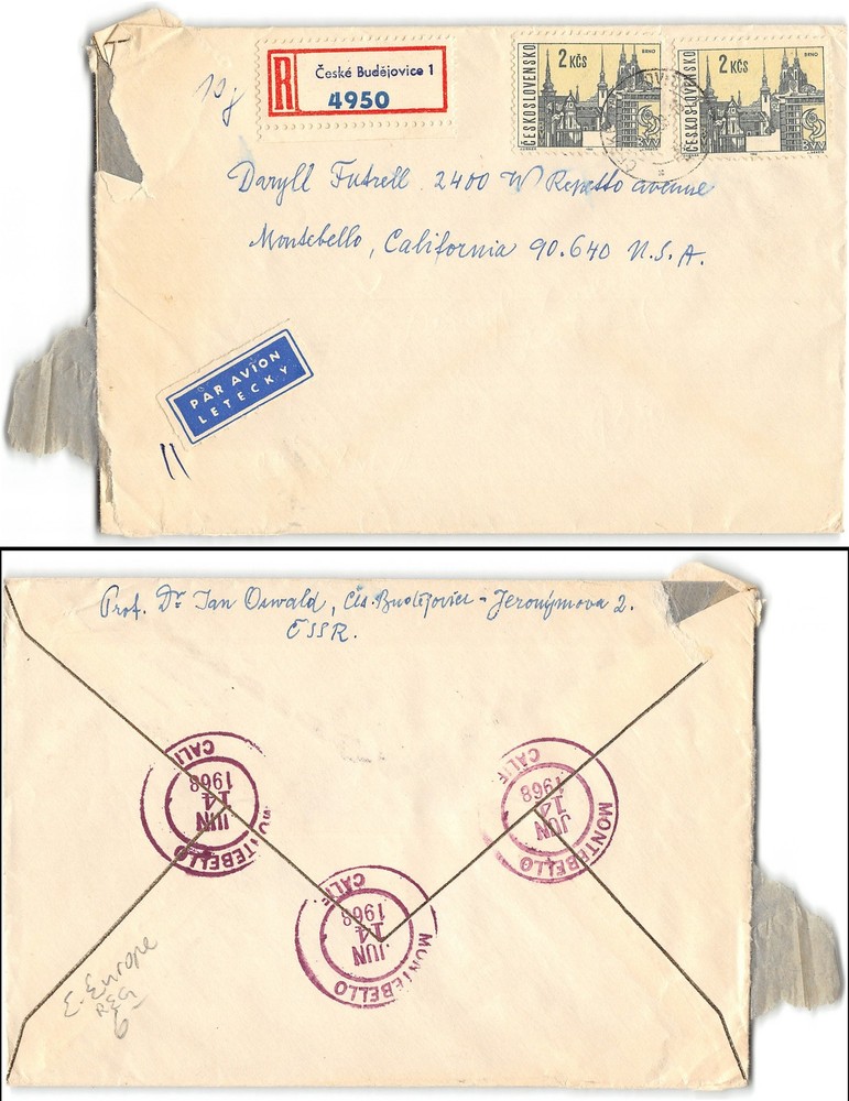 Registered cover to Montebello CA 1968