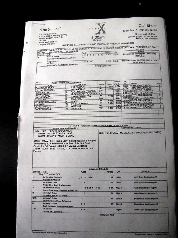 X FILES TV SERIES   cALL SHEET AND SCRIPT  SIDES  MINI SCRIPT