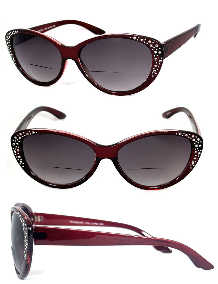 Cat Eye Bifocal Sunglasses Sun Reader with Rhinestones Translucent Red Frame
