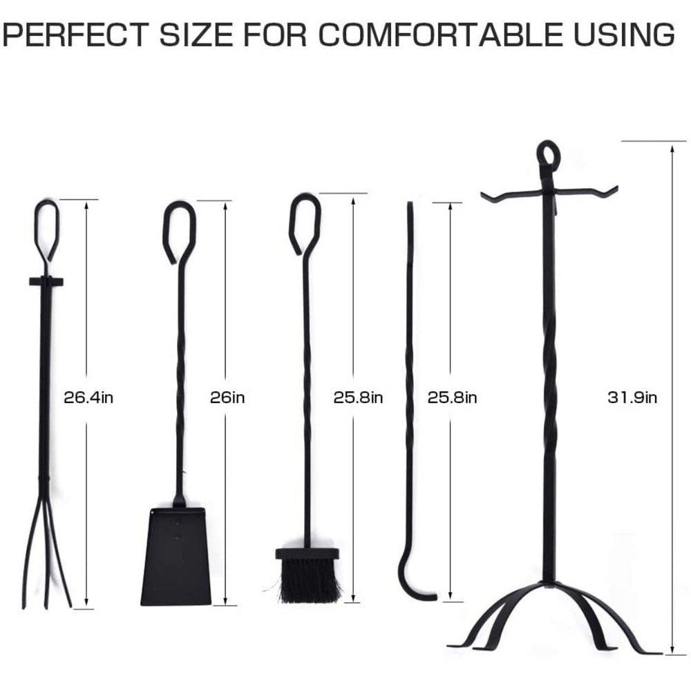 5-Piece Fireplace Tools Set 31’’, Heavy Duty Wrought Iron Fire Place Toolset wit