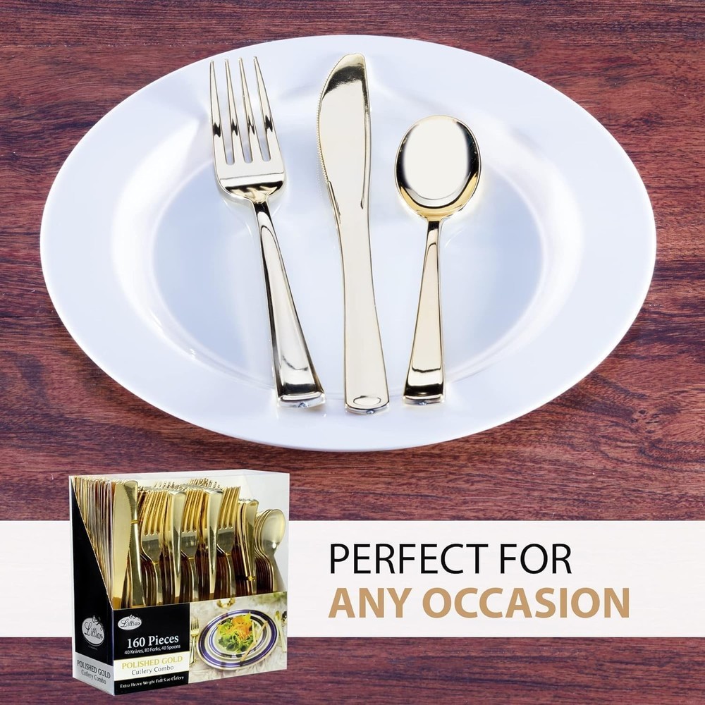 Gold Plastic Silverware Set, 160 Count, Extra Heavy Duty Flatware, Disposable...