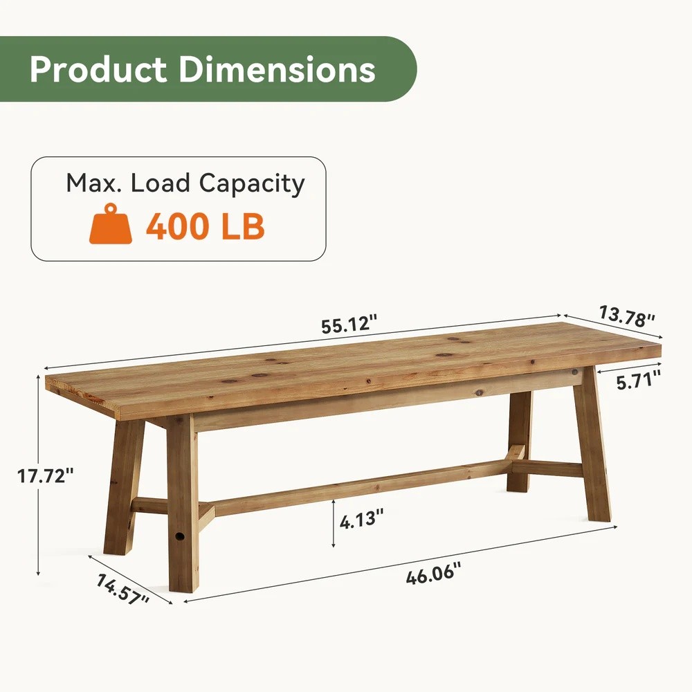 Solid Wood Dining Bench 55 Inch Rustic Kitchen Entryway Seat 400lbs Capacity