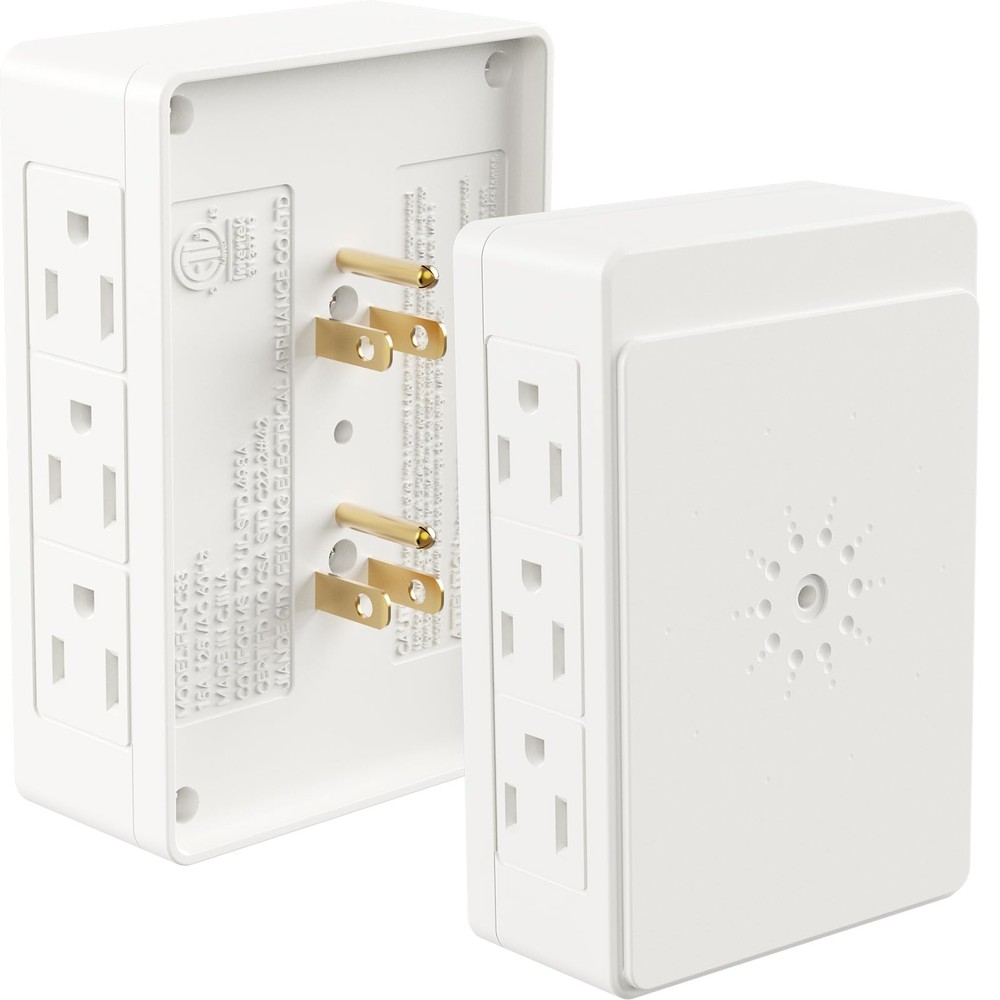 PLUGTUL 2 Pack Side Outlet Plug Adapter, 6-Outlet Extender, 3-Prong, Multiple...