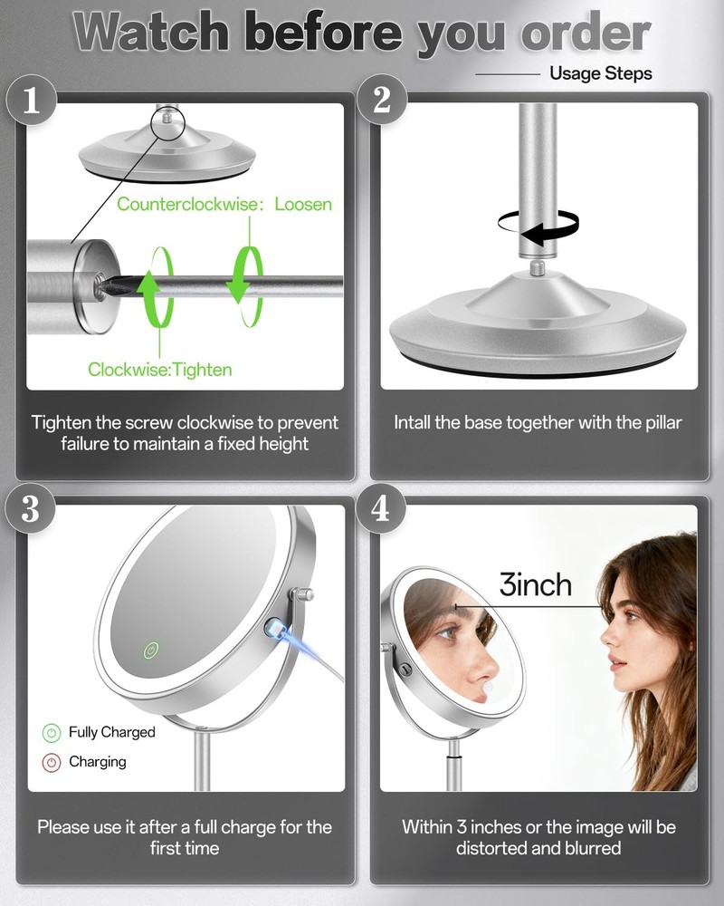 30X/1X Makeup Mirror with Lights, Height Adjustable Lighted Magnifying Vanity...