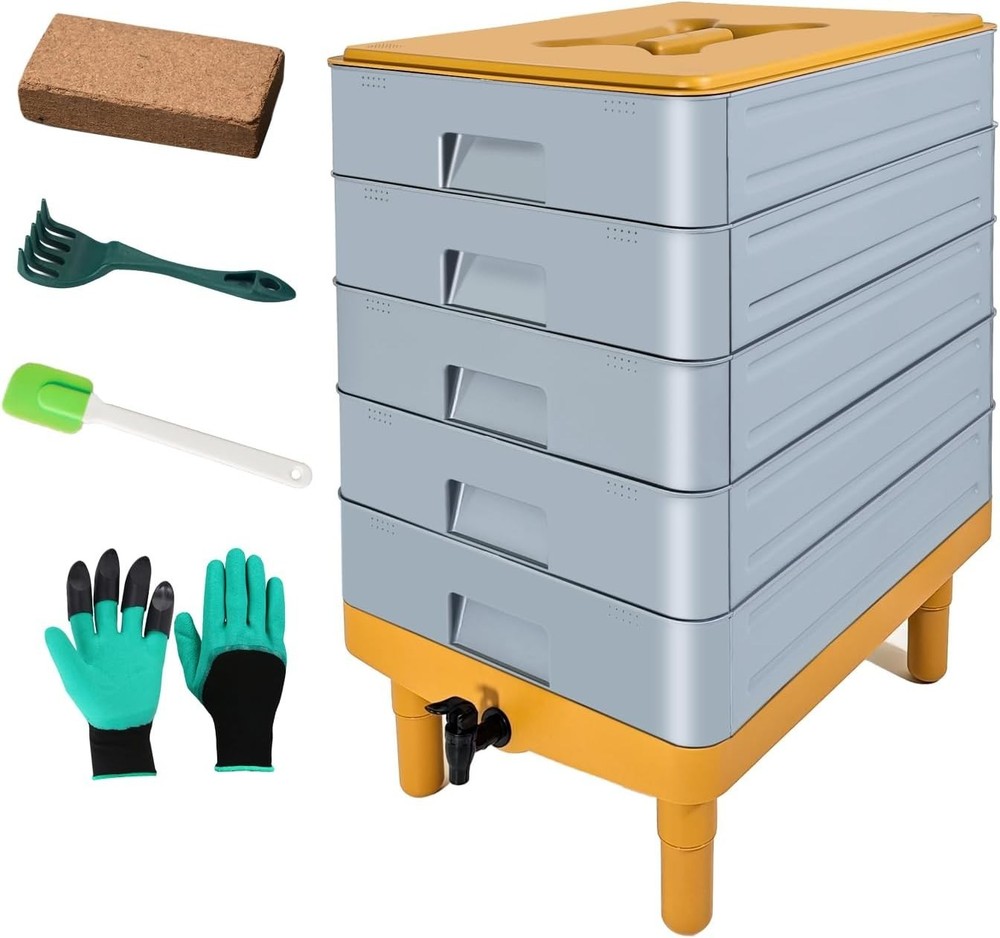 5-Tray Worm Composter,100L WormCompost Bin Vermicomposting Starter Indoor &