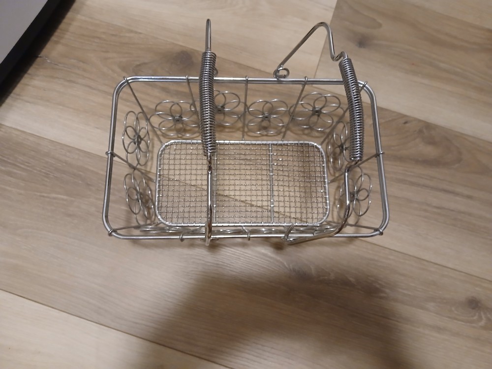 Rectangular Silver Metal Wire Basket with Handles Floral Design
