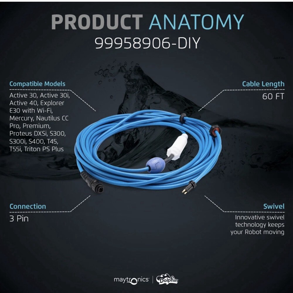 Authentic Dolphin Replacement Cable w/ Swivel 3 Wire 60ft, Maytronics READ NEW