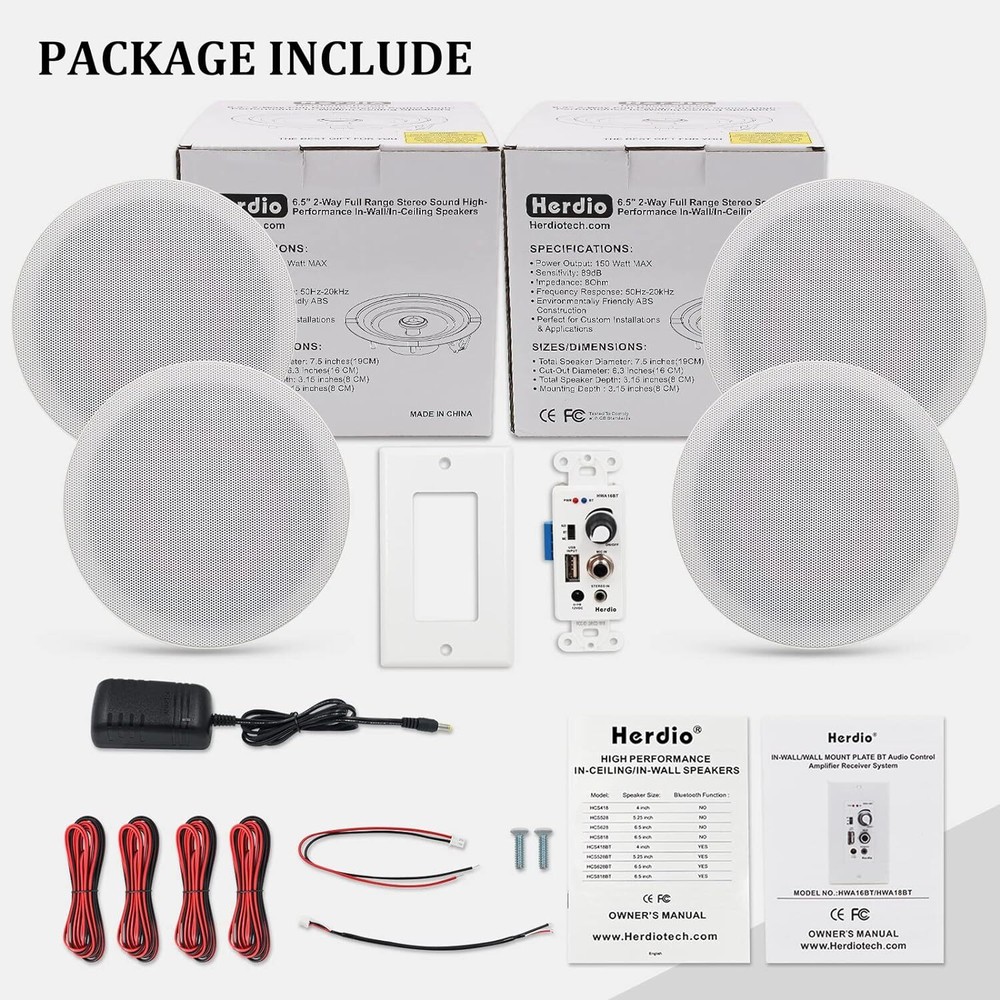 4* Herdio 2-Way Bluetooth Ceiling Speakers + in Wall Amplifier Receiver 3 Sizes