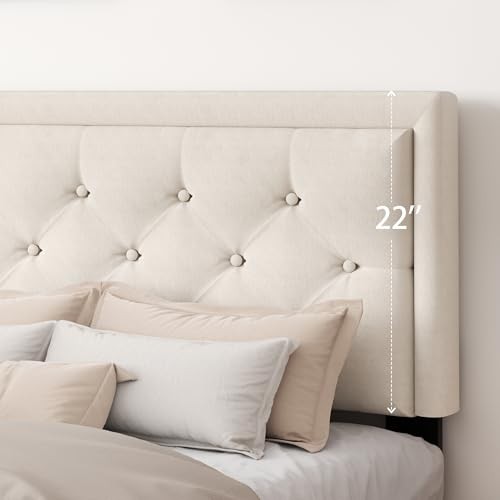Size Platform Bed Frame with Upholstered Velvet Button Tufted Full Beige