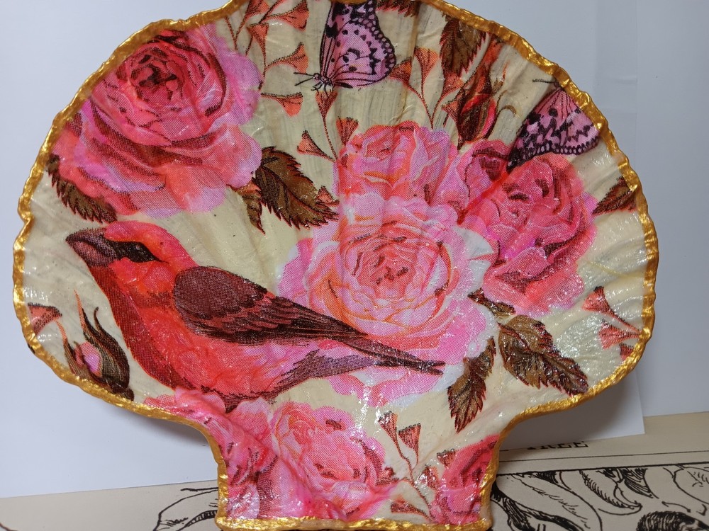 Handmade Shell Trinket Dish With Cardinal And Flowers
