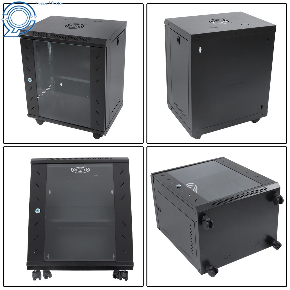 12U Enclosed Server Rack 15.5" Deep, Secure Lock Glass Front & Sides