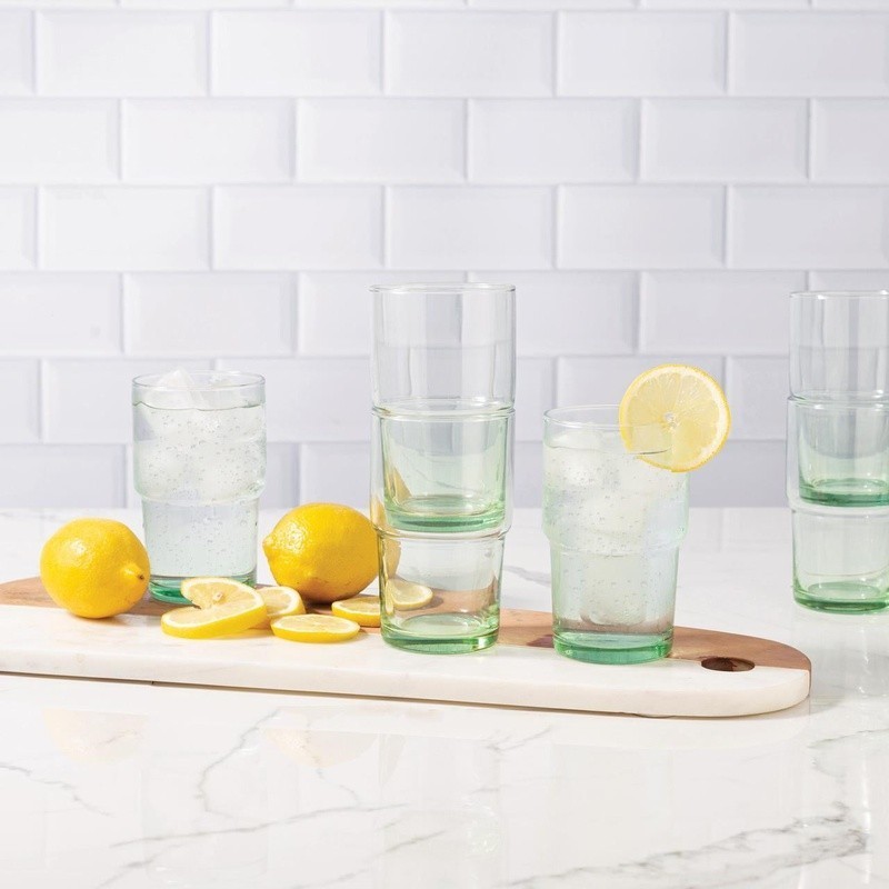 Clear Green Glassware 8 Pack 15oz Stackable Recycled Dishwasher Safe Drinkware