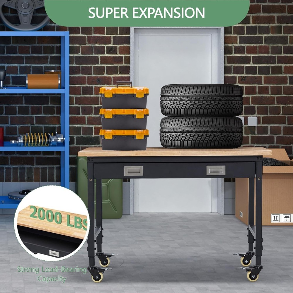 48x24"Adjustable Garage Workbench&Drawer,2000LB,USB Port,WorkstationMobile Table