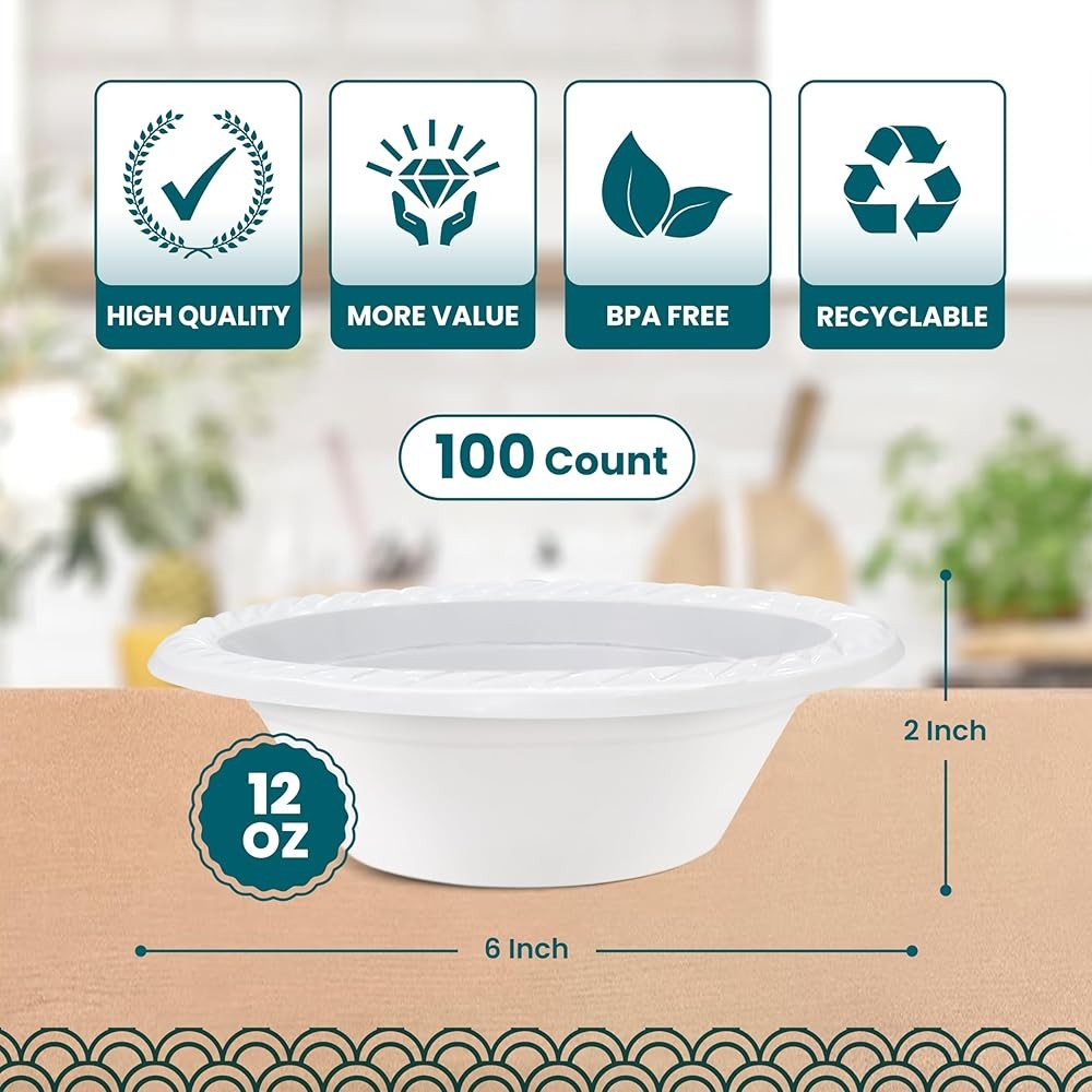 White Plastic Bowls - Microwavable Disposable Bowls - Strong Heavy