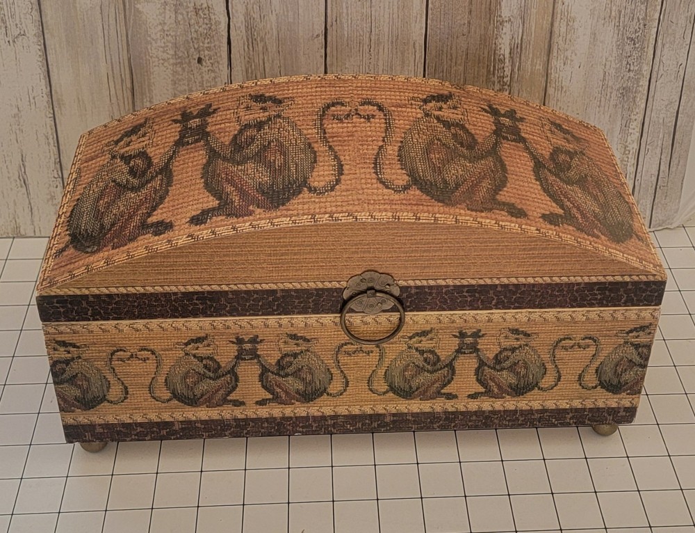 Wooden Keepsake Box Printed Monkey Palm Trees Pattern Ring Handle