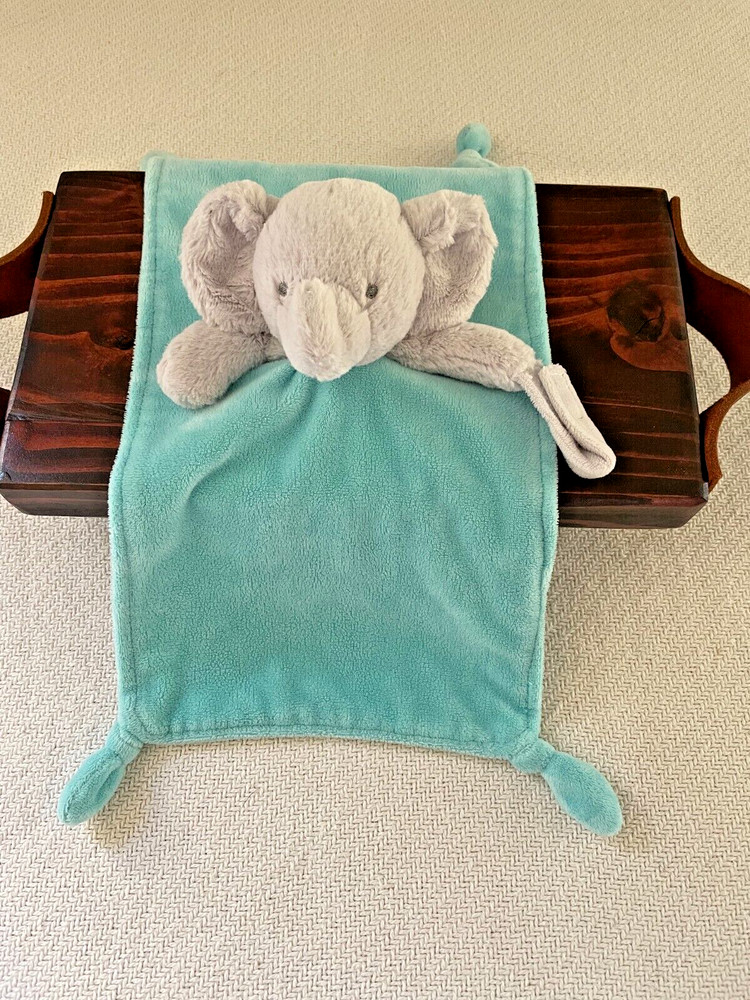 Carters Plush Elephant Lovey Security Blanket Rattle Blue Rectangle Knotted