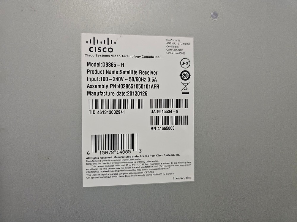 Satellite TV Receiver Decoder IRD CISCO D9865-H FTA Rainer Satellite W/REMOTE