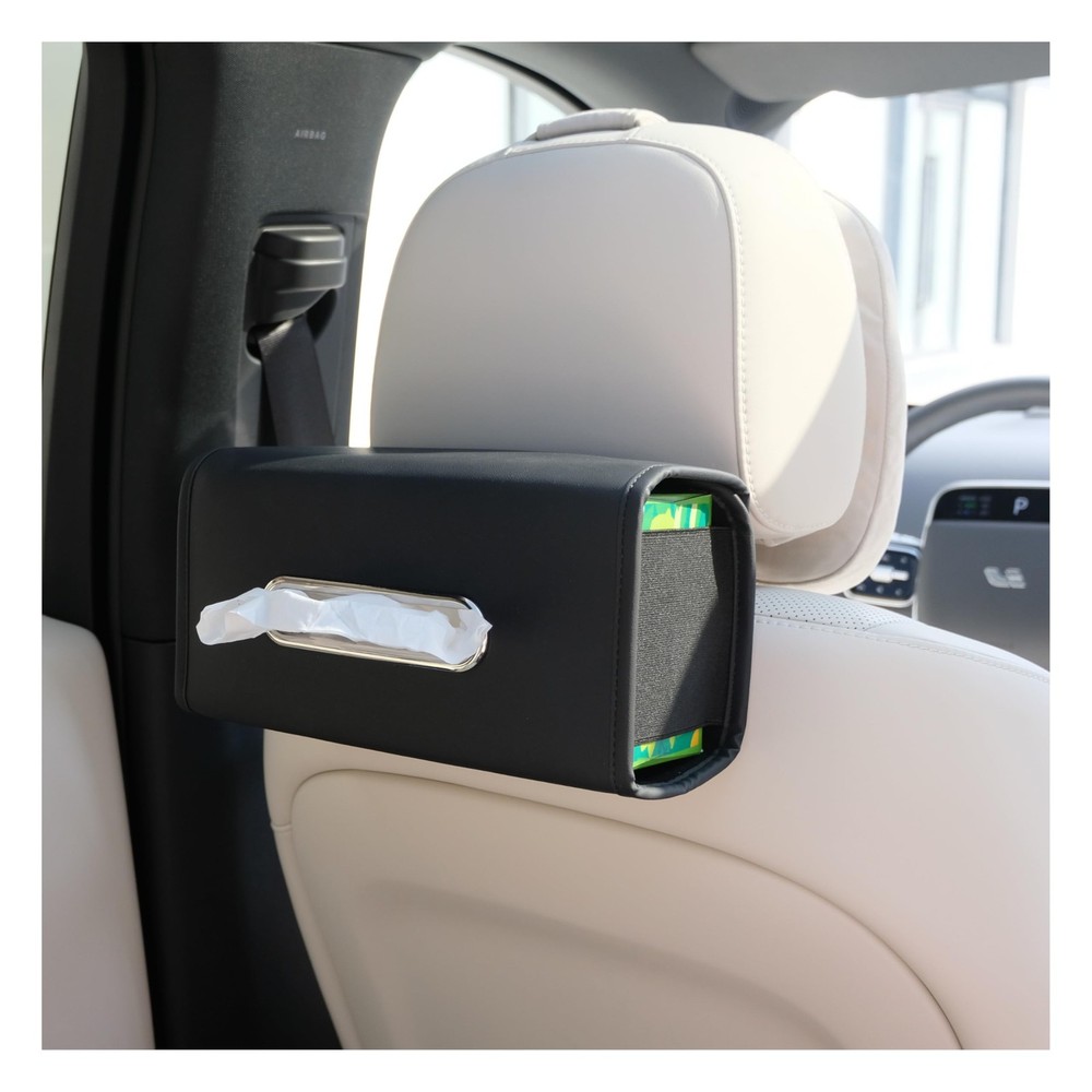 Premium PU Leather Car Tissue Holder Classic Style Rectangular Black