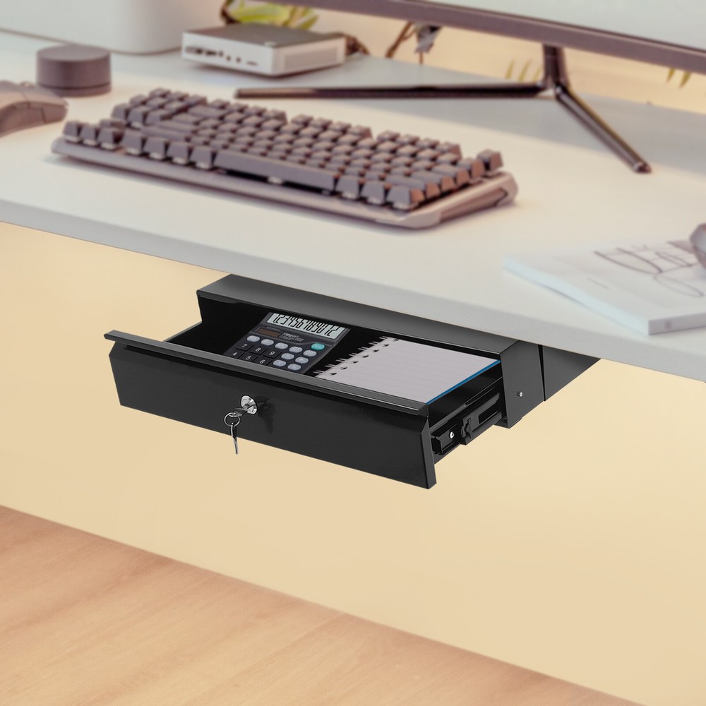 Sliding Pull-Out Drawer Under Desk Organizer with Lock for Office - Black