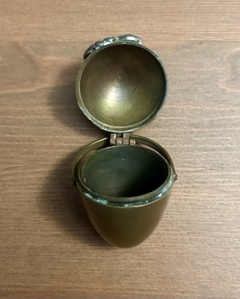 Victorian Brass Thimble Holder Sewing Egg 2" Silver Flowers Chatelaine 1880s