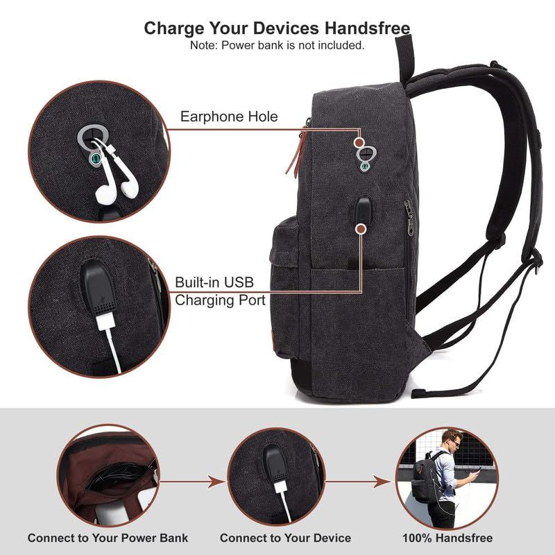 UNIWALK Canvas Laptop Backpack, Waterproof Vintage Backpack With USB Black