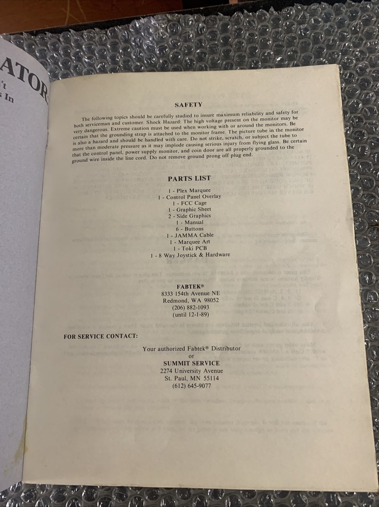 Original TOKI FABTEK arcade Video game manual