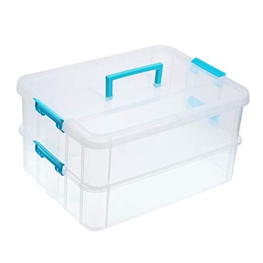 2-Tiers Stack Carry Storage Box With Handle, Transparent Stackable Blue