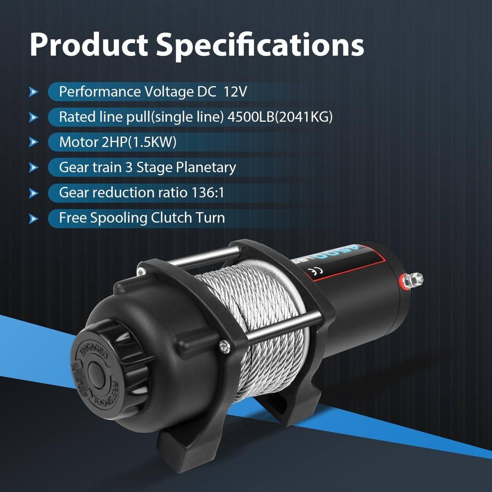 4500LBS Electric Winch 12V Steel Cable with Remote Controller