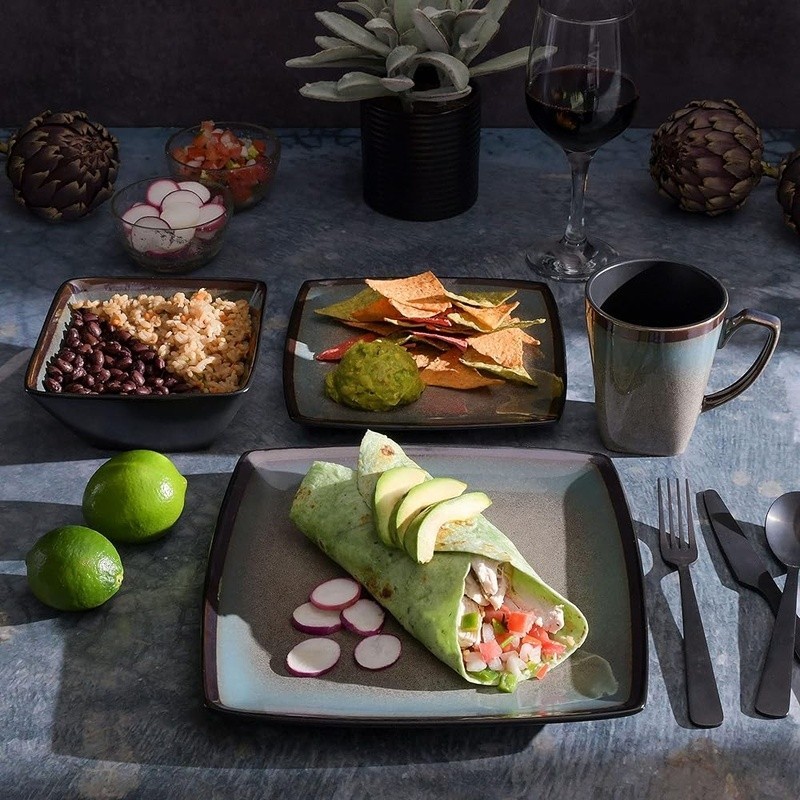 Square Stoneware Dinnerware Set Service 4 Dishwasher Safe Unique Reactive Glaze