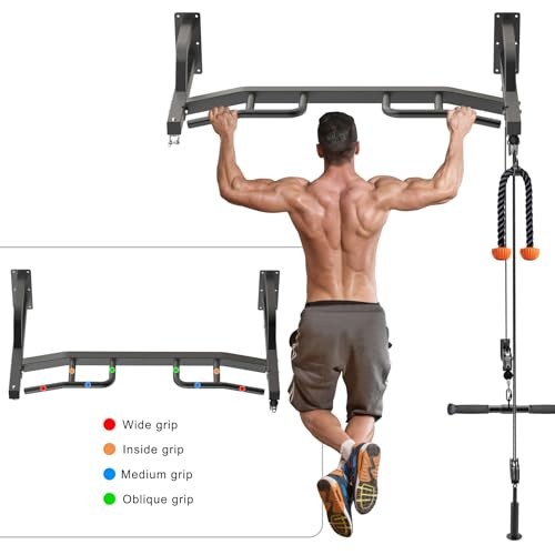 48" Ceiling Mounted Pull Up Bar, Heavy Duty Multi-Grip 48" Cable Pulley System