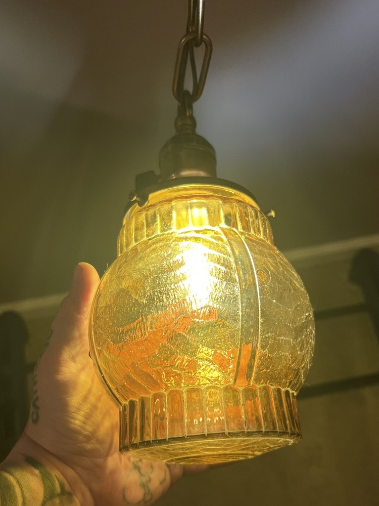 Wired Single Brass Pendant Light Fixture With Amber Globe 8F