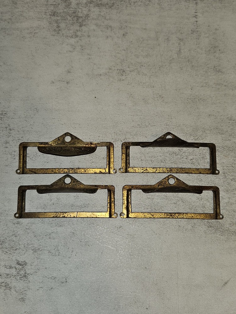 4 Vintage Brass Plated Label Holder Drawer Pull Card Catalog Cabinet Handle