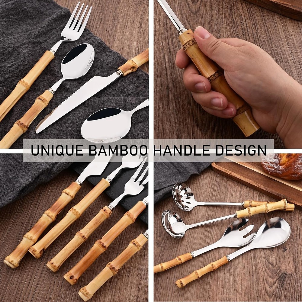 30PCS Silverware Set for 6, Bamboo Handle Flatware Set, Stainless Steel Cutle...