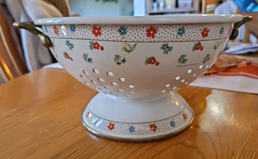 Enamel Kitchen Colander, Brass Handles, White With Red Blue Floral Pattern