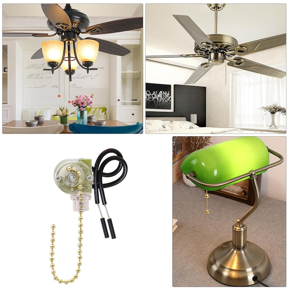 3 Pack Two-Wire Ceiling Fan Light Switch Pull Chain Control (Brass)