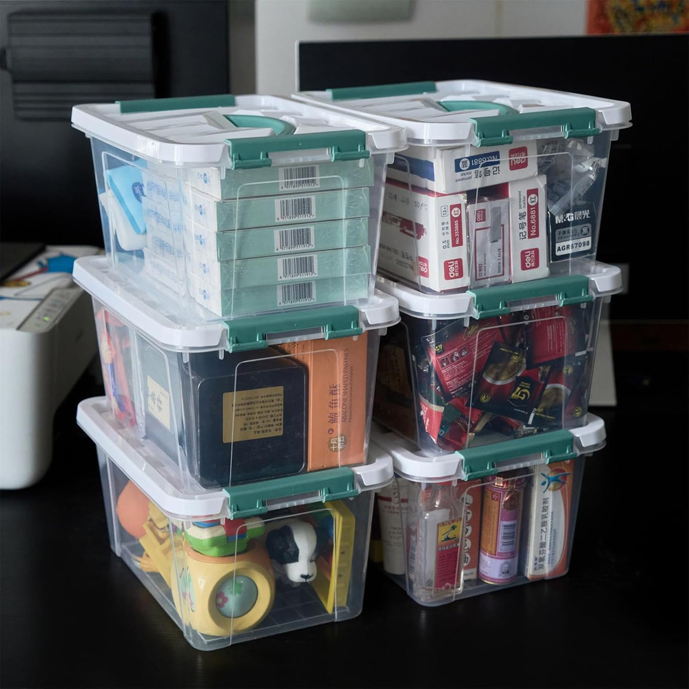 6 Quart Plastic Stackable Storage Latch Bins,Clear Latching Box with Handle and