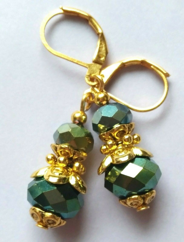 HUNTER GREEN double crystal earring GP LEVERBACK artisan
