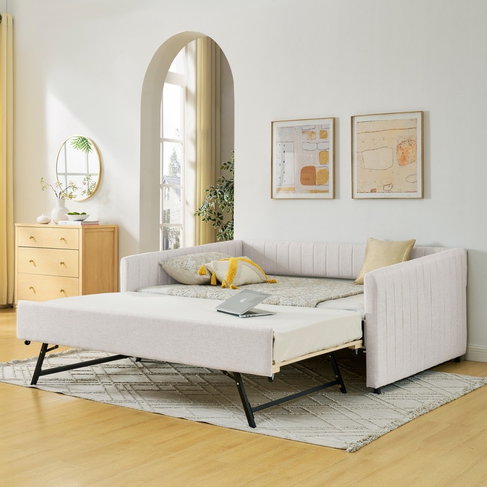 Full Daybed Modern Linen Upholstered Bed Frame Sofa Bed with Pull-Out Trundle