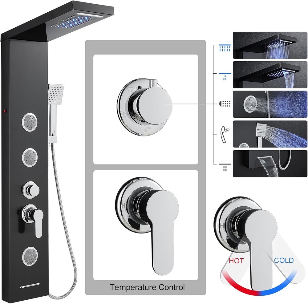 Multi-Function LED Lights Shower Panel System Black, 5 in 1 Shower Panel Include
