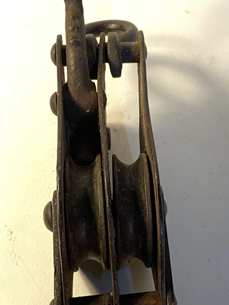 Antique Double Pulley w/ Hook & Line Stop 8”