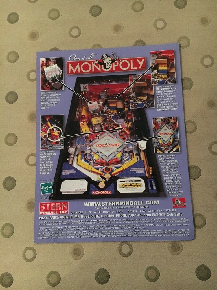 Stern Monopoly Pinball Flyer, NOS 2001
