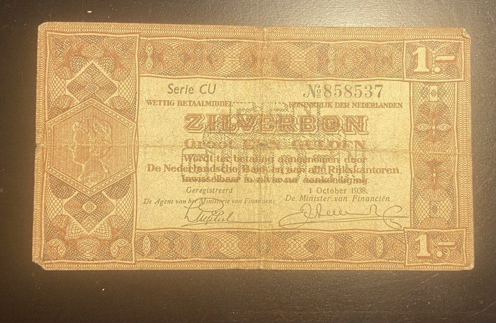 1938 Netherlands  1 Silverbon Note