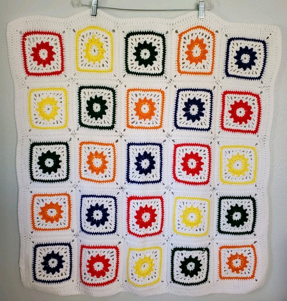 Small Handmade Crochet Blanket Multicolor Squares