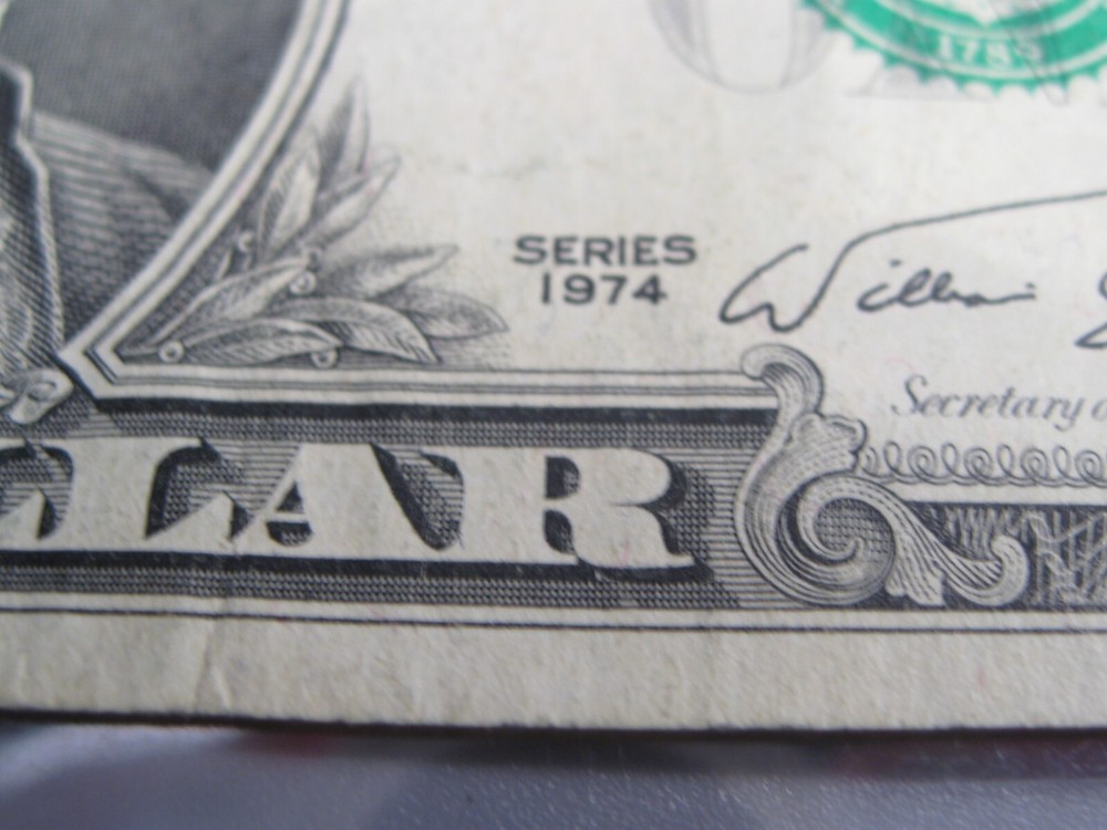 ERROR Note: INK SMEAR. 1974 $1 One Dollar FRN Note. B/C Block.