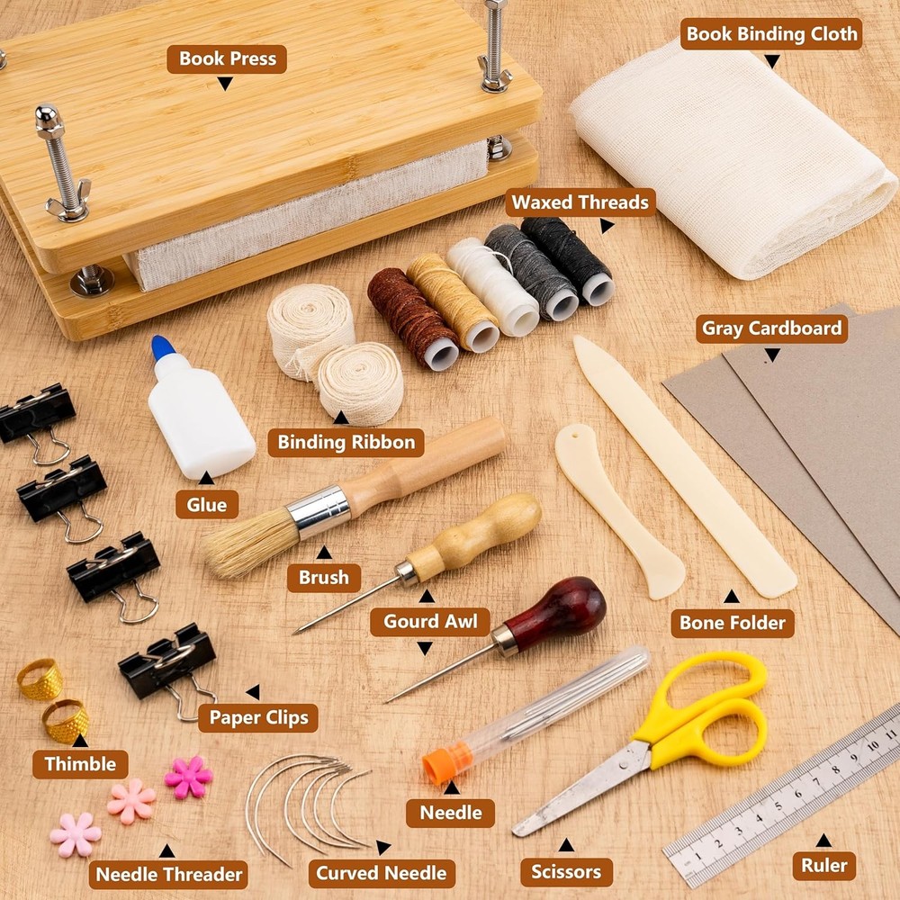 Book Binding Kit Press Waxed Thread Bone Folder Awls Needles Cloth Repair Tool