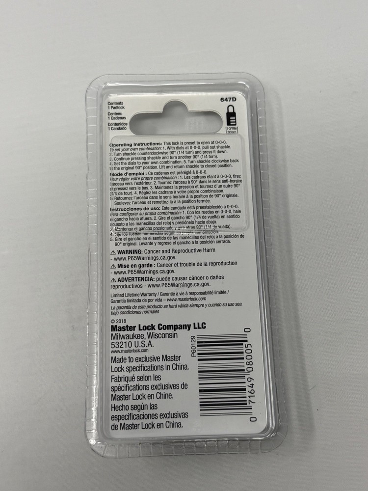 Master Lock 647D 3 Digit Combination Padlock Resettable 24mm New Sealed