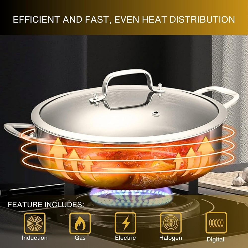 Stainless Steel Pan with Lid - Light & Thin Deep 10.5 inches,